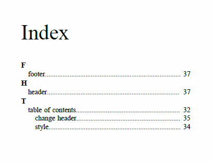 Screenshot with the Index section from a publication