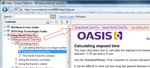 Screen capture showing how TOC hierarchy is used to create a breadcrumb trail at the top of a topic