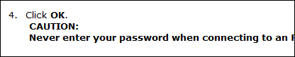 Screen capture showing rendered result of a note (caution) in an info element within a step
