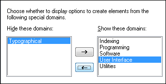 Screen capture showing options dialog in authoring tool for hiding DITA domains