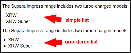 Screen captures showing the typical rendering difference between simple and unordered lists in PDF output
