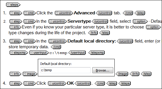 Screen capture of task topic in DITA editor showing semantic elements