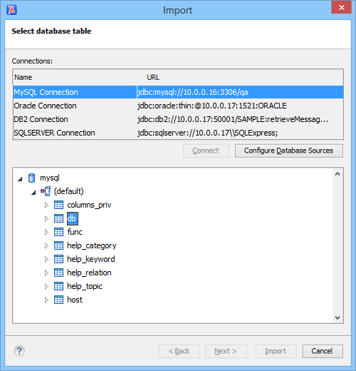 Connection and Table Selection Dialog