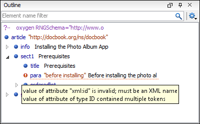 XML Error reporting in the outliner