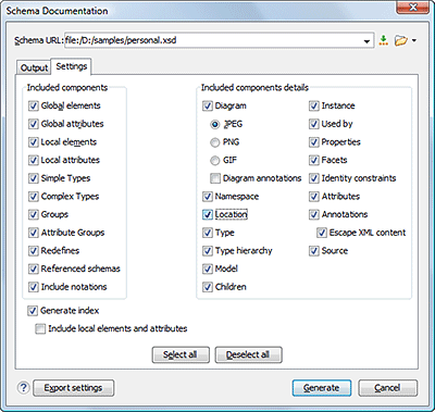 The XML Schema Documentation Dialog