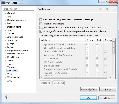 Suspend automatic validation in Eclipse EE